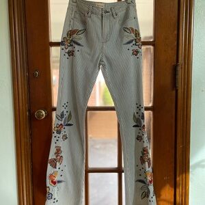 Striped Floral Embroidered Jeans